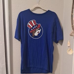 Patriotic Blue Mens Tee with Cartoon Graphic